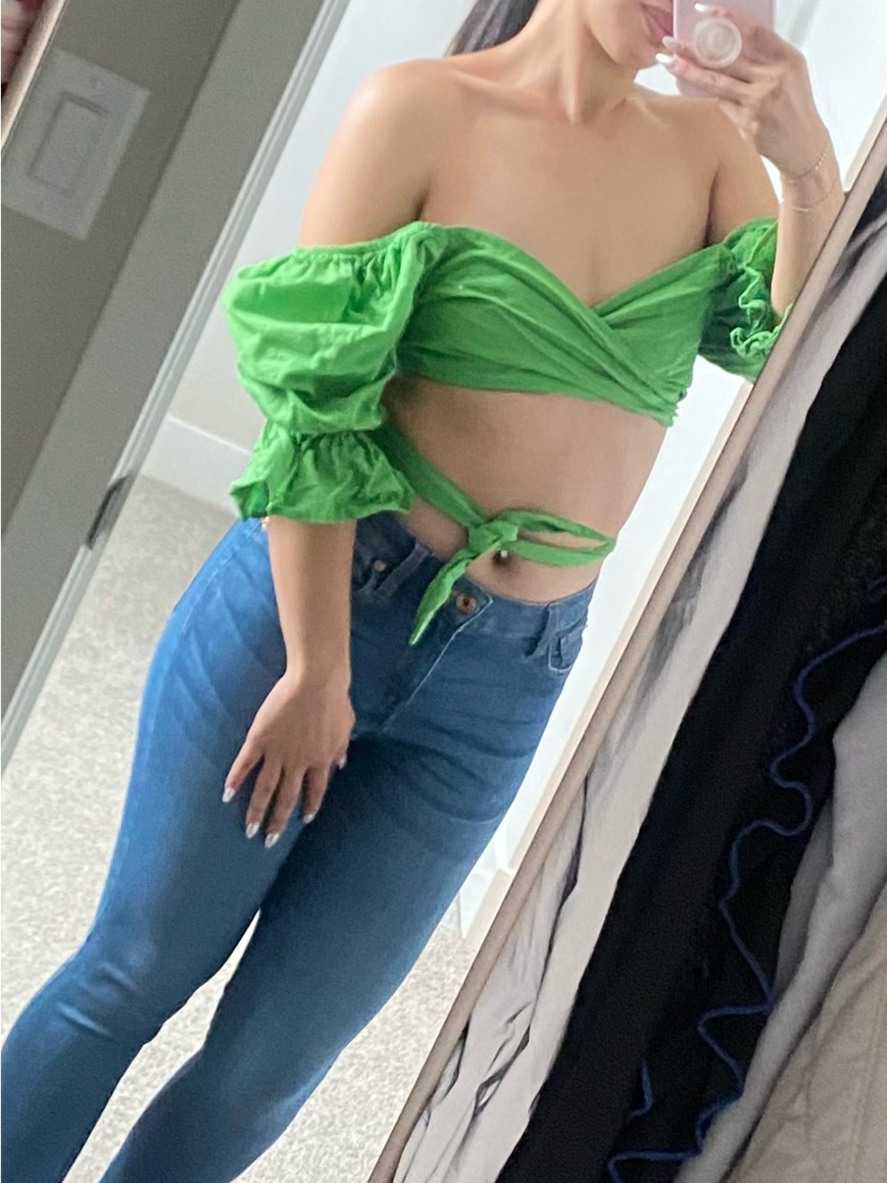 Versatile Green Crop Top Linen Wrap w/ Puffy Sleeve